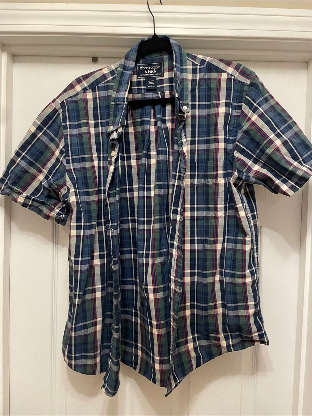 Abercrombie & Fitch Short-Sleeve Plaid Button-Down - Navy, Green, White